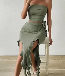 Two Piece Crop Top And Skirt Set - Sleeveless Tub Top & Asymmetrical Ruffle - Picture 1 of 3