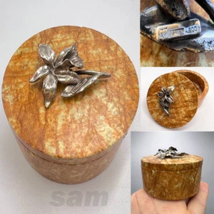 Vintage Silver 800 Jewelry Trinket Box Orchid Natural Yellow Stone Marked Italy - Picture 1 of 9