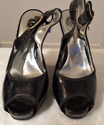 Jessica Simpson Negro Charol Hebilla de Cuña Eslinga Tacones Traseros - Talla 8B Foto 1 de 4