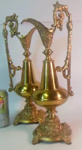 Pair Antique BRASS Garniture EWERS Urns Vases Victorian GRAPES Botanicals - Picture 1 of 12