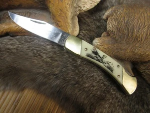 Colonial Scrimshaw Knife - Stag Buck- LB5 (TRAIL BLAZER 4inch w Brass Bolsters - Picture 1 of 12