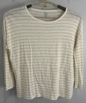 J Crew Linen Tee Boat Neck White Tan Stripe Boxy Relaxed Fit Shirt Size S - Image 1 of 4