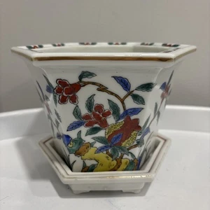 Andrea by Sadek Hexagon 6-Sided Porcelain Footed Flower Design Planter w/Saucer - Picture 1 of 11