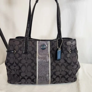 Coach Signature Python Print Stripe Tote Bag Purse Black Navy F25706 EUC - Picture 1 of 20