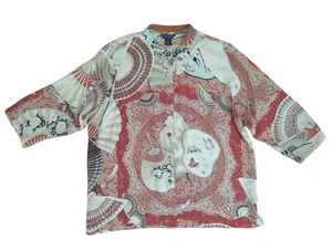 Citron Santa Monica Silk Blouse Asian Butterflies Fans Mirrors Print Size 1X - Picture 1 of 3
