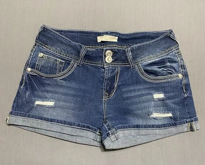 无边界短裤女式青少年 13 蓝色中腰铐弹力水钻 — 第 1/4 张图片