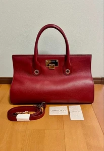 JIMMY CHOO Riley Handbag Leather Wine Red Women's From Japan - Picture 1 of 24
