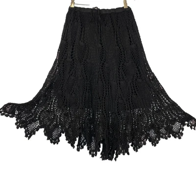 Vintage 1990s black lace midi skirt L crochet cotton boho SCULLY sheer witchy - Image 1 of 4