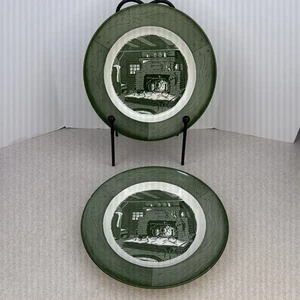 Set of 2 Vintage Royal Colonial Homestead Green Dinner Plates 9” Americana 1950 - Picture 1 of 5