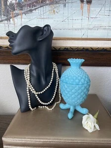 French Portieux Vallerysthal Opaline Blue Glass Pineapple Jewelry Jar Candy Dish - Picture 1 of 24