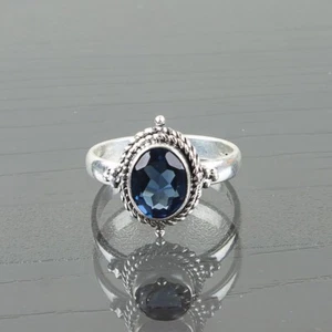 Anillo de plata de ley 925 con banda de piedras preciosas de topacio de Londres talla azul - Imagen 1 de 7