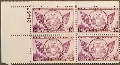 US Stamp Scott #775, 3c Michigan Centenary Issue Plate Block #21467 OG MNH Env#1 - Image 1 of 2