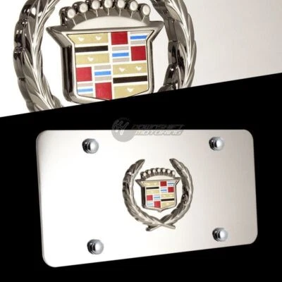 CADILLAC Wreath Logo Front Mirror Stainless Steel License Plate Frame with Caps - Image 1 of 4