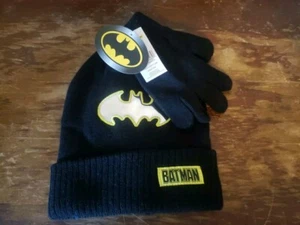 Boys Batman Stocking Cap & Gloves Shiny Black Joker Robin Beanie Skull Cap - Picture 1 of 4
