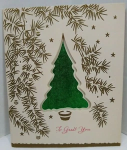 Tarjeta de Navidad troquelada árbol de aluminio firmada en relieve 5 7/8 X 4,5 pulgadas de colección - Imagen 1 de 8