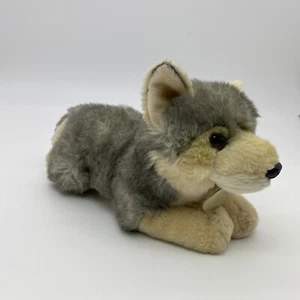 MIYONI BY AURORA GRIS Y BEIGE MADERA LOBO PELUCHE ANIMAL DE PELUCHE 12" JUGUETE DE COLECCIÓN - Imagen 1 de 9