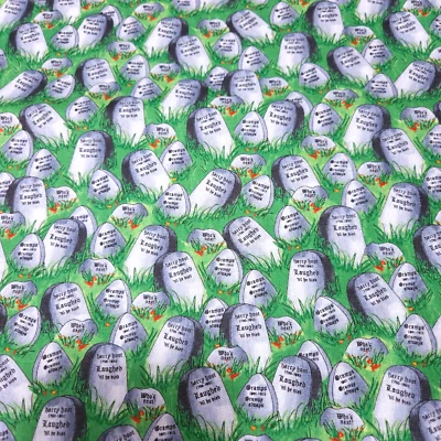 Spooky Eve BTY Quilting Treasures Halloween Gravestones on Green Grass - Image 1 of 3