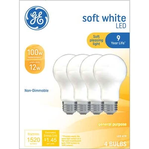 100W Soft White A19 Bulbs 4-Pack - Medium Base, Frosted - Picture 1 of 6