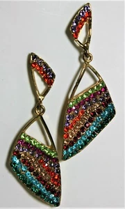 VINTAGE RAINBOW CRYSTAL STUDDED MULTI COLOR RHINESTONE DROP EARRINGS 70S VTG - Picture 1 of 5