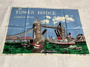 NOS Vtg Linen Souvenir Tea Towel Historical Tower Bridge London River 30”x 20.5” - Picture 1 of 14
