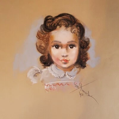 Retrato arte infantil niña dibujo pastel original de mediados de siglo firmado de colección Foto 1 de 4