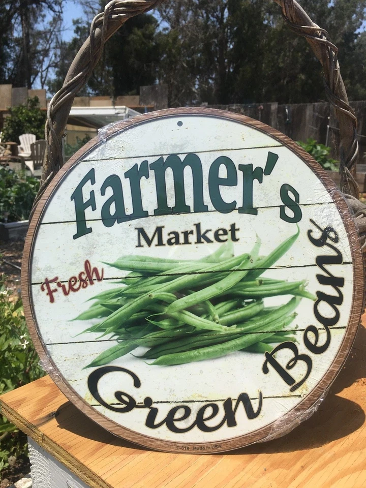 Farmers Market Fresh Green Beans Round Sign Vintage Garage Bar Decor Old Rustic - Image 1 of 1