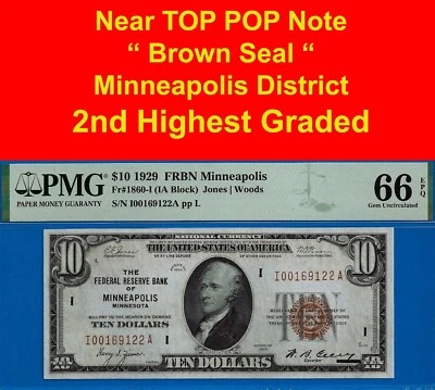 1929 $10 National Currency PMG 66EPQ FRBN Minneapolis 2nd finest Fr 1860-I - Image 1 of 4
