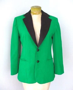 Vtg 70s Emerald Green Textured Knit Stripe Secretary Blazer Jacket Black Trim M - Picture 1 of 8