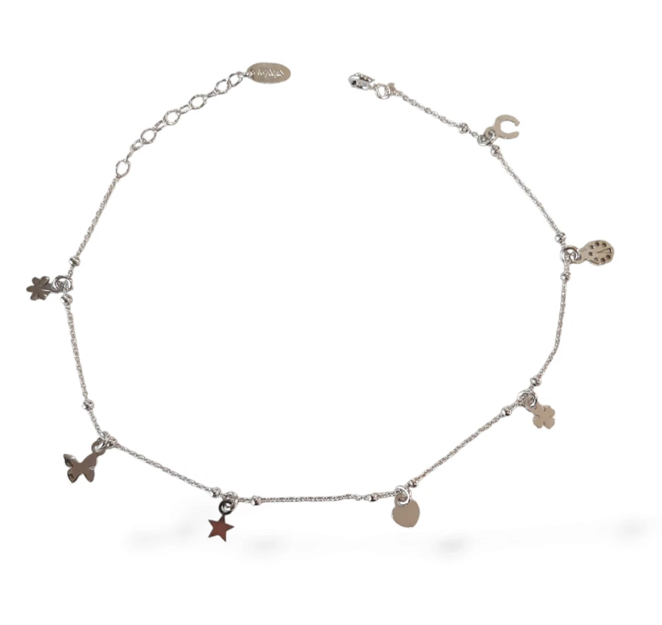 Cavigliera Amen Argento 925 Pendenti Coccinella Farfalla Fiore Cuore CAVFOB - Immagine 1 di 2