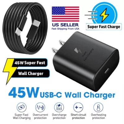 THE-PHONE-ZONE 45W PD Power Fast Charger Wall Adapter Usb Cable for Samsung Galaxy S23 S22 S21+