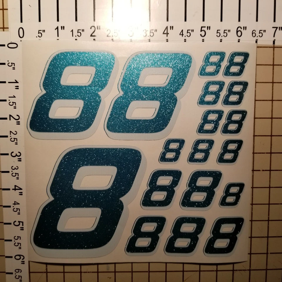 ULTRA Metallic Teal w/White #8's Racing Numbers Vinyl Decal Sheet 1/10-1/12 r/c  - Image 1 of 4
