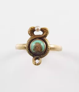 Ring 10 Karat Gold viktorianisch Jugendstil gedrehte Schlangen Perle & Türkis Größe 4,5 - Bild 1 von 12