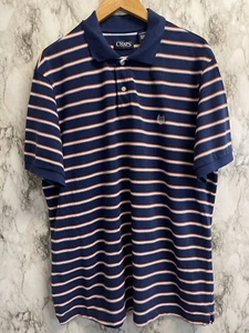 EUC Chaps Men's XL Polo Shirt Navy Blue Orange Striped Crest Logo Classic-Fit - Picture 1 of 6