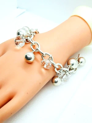 BONITA PULSERA CHICO'S TONO PLATA CADENA ESLABONES CRISTAL Y PLATA BOLA CORAZÓN ENCANTO Foto 1 de 4