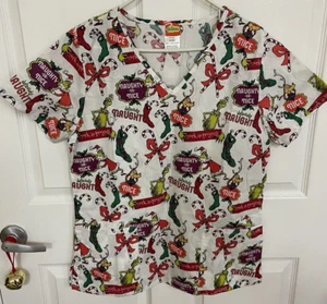 Dr. Seuss Christmas Grinch Naughty Or Nice Women’s Scrub Top Small - Picture 1 of 10