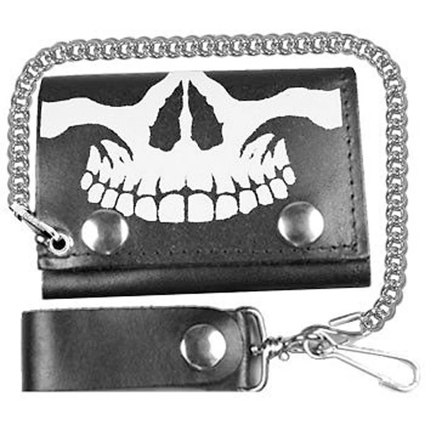 CARTERA DE CUERO TRIPLE PLIEGUE CALAVERA MOTERA DE 4 PULGADAS CON CADENA Foto 1 de 1