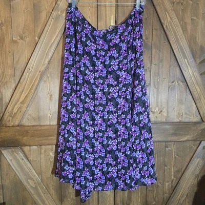 Lane Bryant Black Purple Floral Midi Skirt Plus Size 26 A-Line Flowing Zip - Image 1 of 4