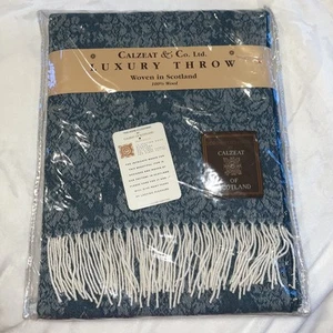 CALZEAT & Co. Ltd Luxury 100% Wool Fringed Throw 50”X60”Woven In Scotland Blue - Picture 1 of 8