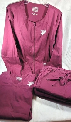 LOT: Cherokee Workwear HealthONE Scrubs Top (S), Jacket & 3 Pants (M) - Burgundy - Image 1 of 4