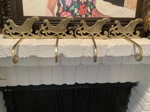 Vintage Messing Schlitten Strumpfhalter Langarm Aufhänger Kaminsimshaken 4 Stück - Bild 1 von 6