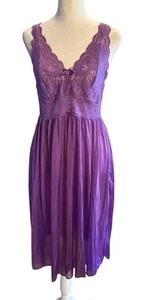 Vintage Shadowline Purple Goddess Nightgown Gown Nylon Stretch Lace Spandex Knee - Picture 1 of 15