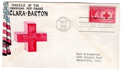 #967 Clara Barton Red Cross FDC - Herman Maul Hand-painted 1948 Oxford MA - Image 1 of 2
