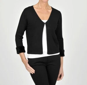 Nina Leonard Black Faux Fur Trim Bolero Cardigan - Picture 1 of 1