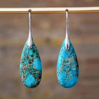 Natural Blue Imperial Jasper Stone Teardrop Dangle Earrings Gemstone Earrings - Image 1 of 3