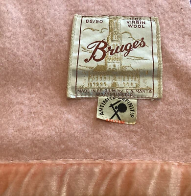 Bruges Manta Mitin Pink Wool Antique Blanket 62 X 90 Velvet Trim 1940’s HTF - Image 1 of 4