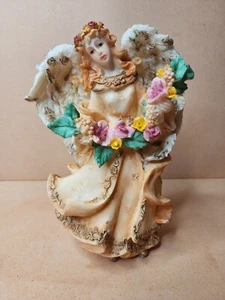 Vintage Medium Seraphim Angel with Peach Dress With Pink & Yellow Flowers 8.5" H - Picture 1 of 24