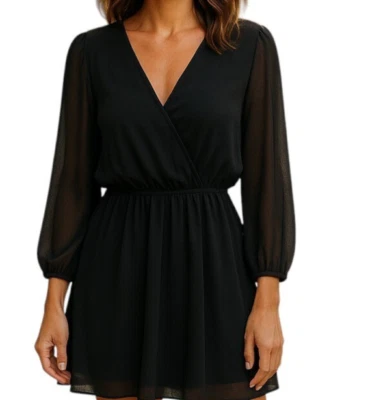 EXPRESS Black Skort Romper Long Sleeve V-Neck Chiffon Dressy Size Small Petite - Image 1 of 4