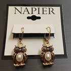New Napier Gold Tone Owl Drop Leverback Earrings