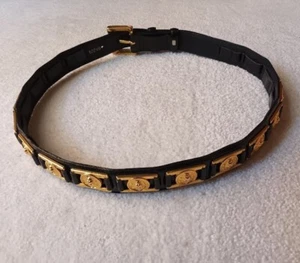 Real Leather Waist Belt Gold Metal Buckle, Lions Heads, Black Matte Glossy , New - Picture 1 of 21