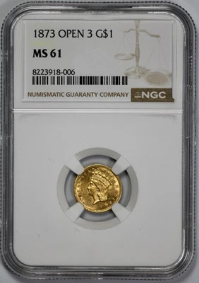 1873 Gold $1 NGC MS 61 Open 3 - Image 1 of 4